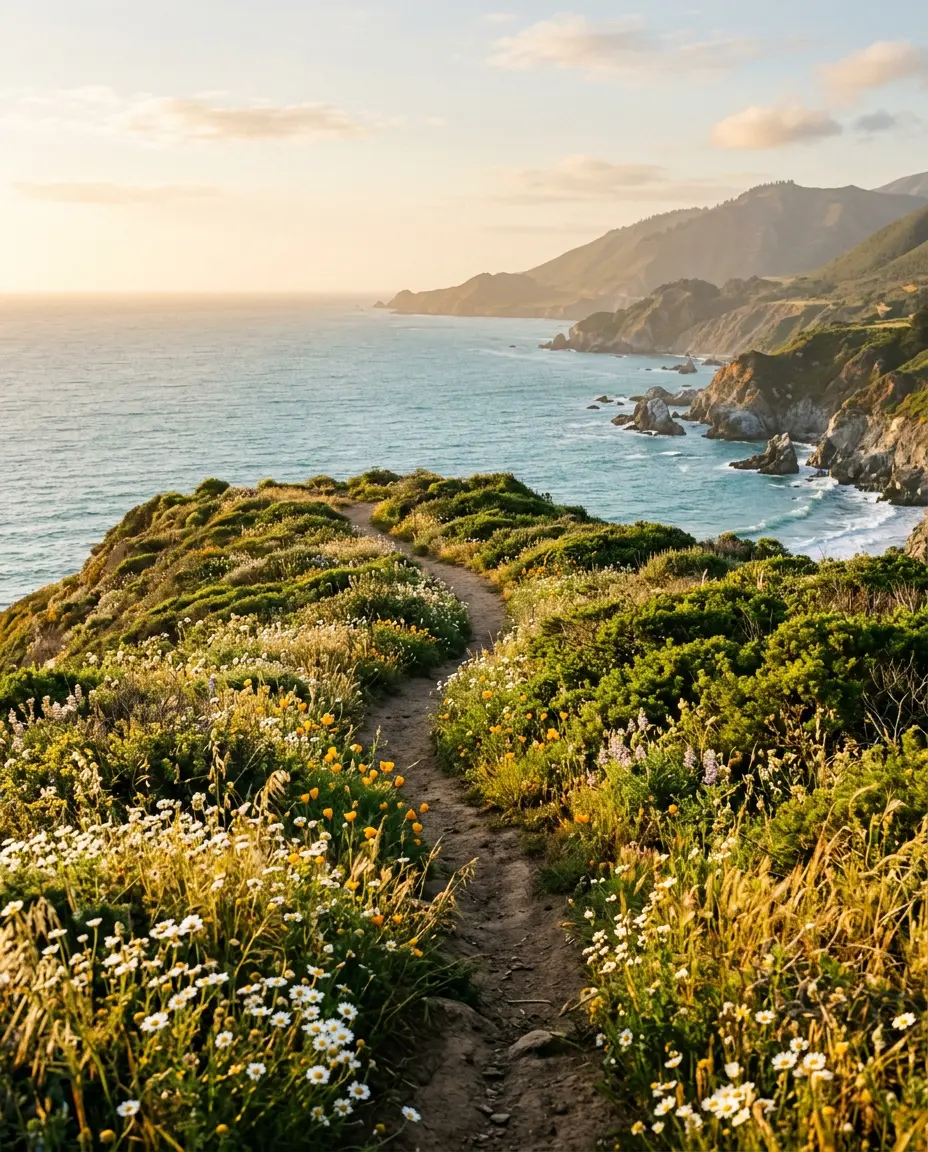 A sunlit wildflower trail winding above the quiet coastal sea